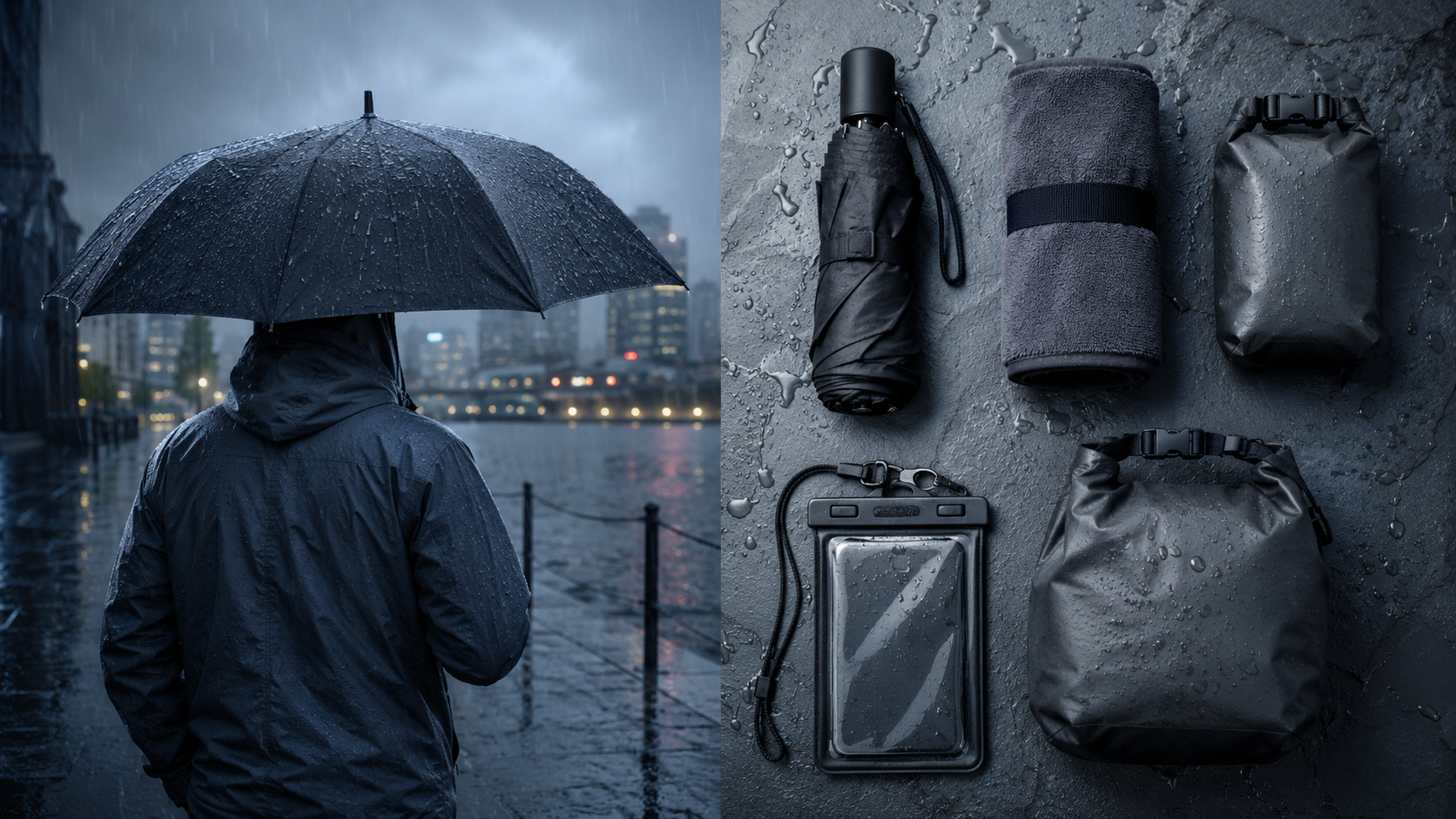 A commuter in rain gear beside a flat-lay of Ridgeline weatherproof gear on wet slate