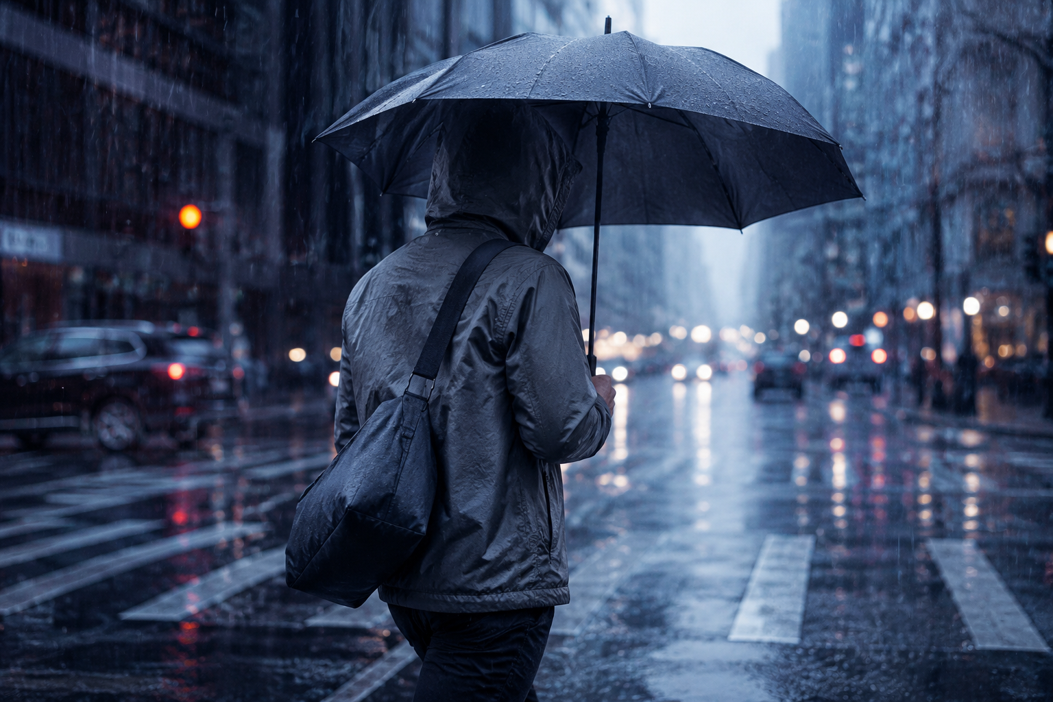 A commuter crossing a rainy street at dusk